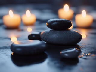 Serene arrangement of black stones with glowing candles for a calming atmosphere and relaxation.