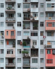 Obraz premium Close-up view of a high-rise apartment building facade with numerous windows and balconies in an urban area.