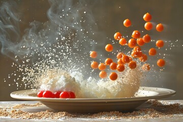 A delicious dish of cherry tomatoes and whipped cream elegantly served
