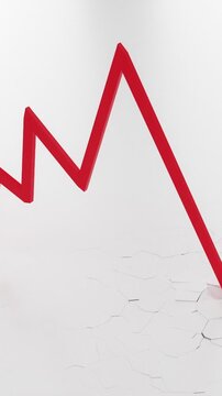 Stock market crash graph. Red arrow fall into crack ground. Economic crisis or recession concept. Black Swan, bank crisis. Vertical, phone wallpaper