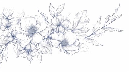 Illustration of hand-drawn elegant outline drawing of a mixed flower bouquet