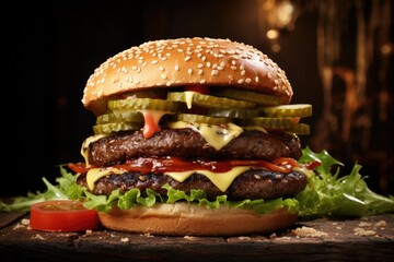 A delicious cheese burger with lettuce and tomato on a sesame seed bun.