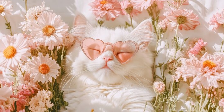 Cute white cat wearing heart-shaped sunglasses among field of delicately pink wildflowers. The animal is surrounded by floral isorus of chrysanthemums on monochrome light background. Summer concept.