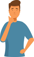 Young man is holding his fingers to his face as if talking on a mobile phone and thinking