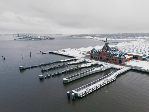 Snow-Covered Ellis Island and Liberty Island