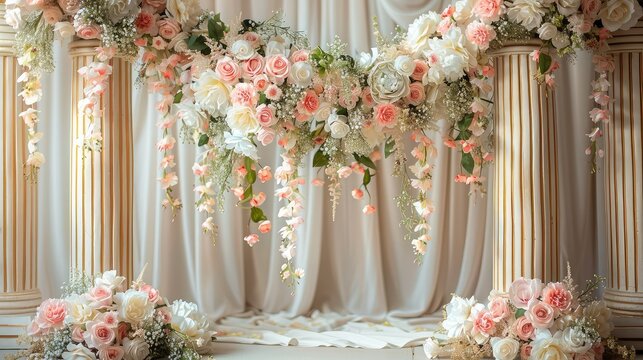 Elegant wedding floral arrangement with blush roses and draped fabric, ideal for romantic ceremonies and luxurious event decor.