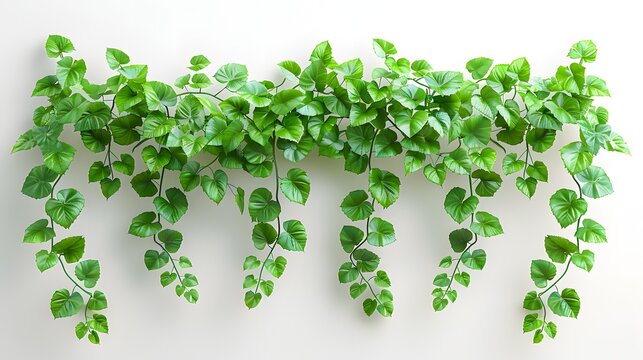 Green trailing vines with heart-shaped leaves hanging against a white background, perfect for nature-themed designs, home decor websites, and promoting fresh indoor environments,