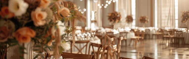 Elegant wedding reception with floral arrangements and wooden chairs in a beautifully lit venue, perfect for celebrations and gatherings.