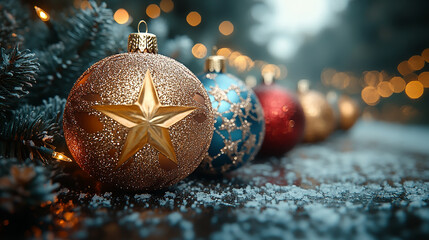 wide christmas decor banner background with gold color glowing star lanterns lighten on the floor