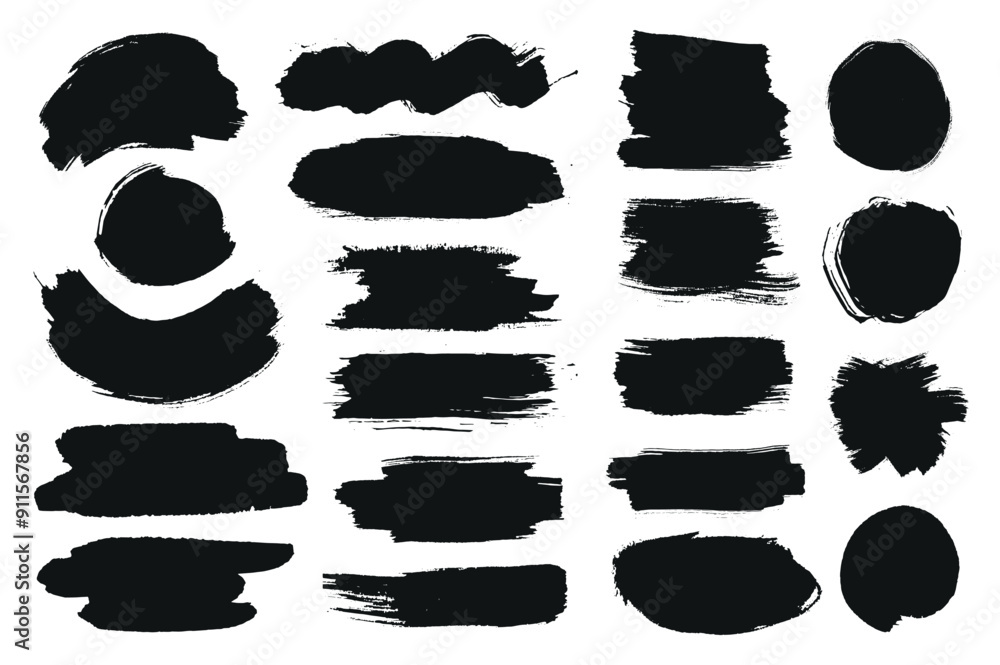 Fototapete black ink stains mega set elements in flat graphic design. bundle objects of rough brush stroke patt