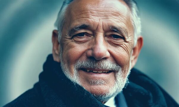 Medium shot portrait video of a French man in his 90s wearing a foulard against an abstract background