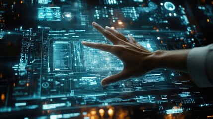 Futuristic Business Analyst Interacting with Touch Screen Interface in High-Tech Environment