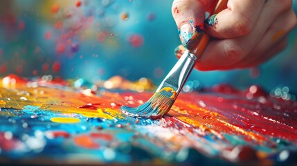 Obraz premium A closeup of an artists hand holding a fine paintbrush, delicately applying oil paint to a canvas, capturing texture and precision, photorealistic, studio lighting, highdefinition 8K , high-resolution