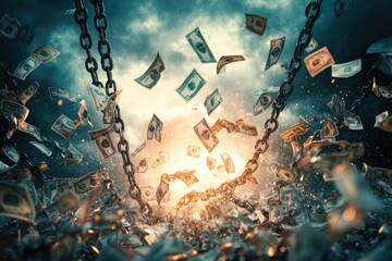 Breaking Chains of Financial Restraint - Achieving Financial Freedom with Flying Money Symbolizing Liberation