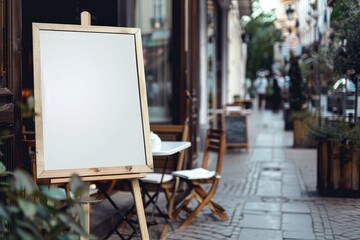 Empty chalkboard stand on a calm street with chairs and tables outside a cafe, ideal for business advertisement and promotional content.