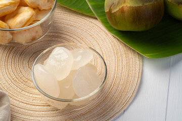 Fresh toddy palm,Peeled Palmyra palm fruits in glass bowl,Asian tropical healthy refreshment fruit.