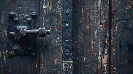 Fototapeta premium Black metal door handle on old wooden background. closeup view of an antique lock 