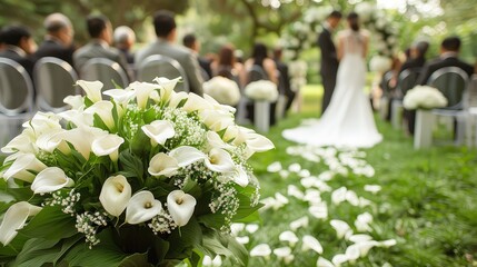 Romantic outdoor wedding ceremony with elegant white floral arrangements, green surroundings, and a happy couple exchanging vows.