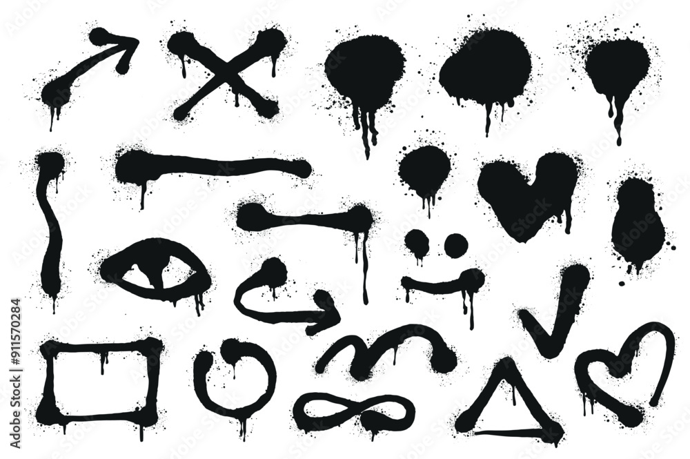 Poster graffiti spray lines set elements in flat graphic design. bundle objects of grunge ink stain and dri