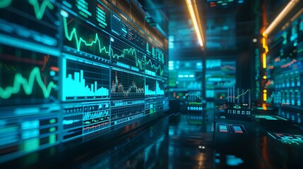 A high-tech trading interface featuring holographic stock market data, floating 3D graphs and charts, neon blue and green highlights, futuristic office setting, advanced technology, hd quality,
