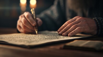 Obraz premium A detailed view of a scholar reading a timeless script in an antique study, aged parchment, warm ambient light, photorealistic, high detail, canonical text