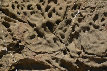 Weathered yellow Sandstone rock at cliffs rocky coast with stone sediment texture surface...