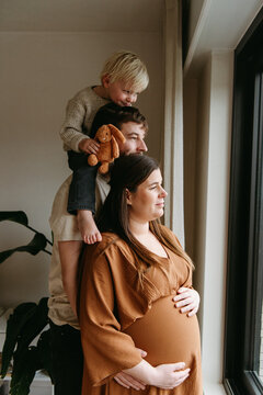 Father, mother, toddler, unborn baby and stuffed toy portrait