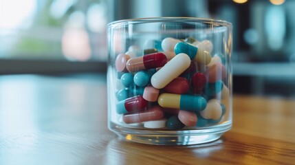Clear container filled with various capsules