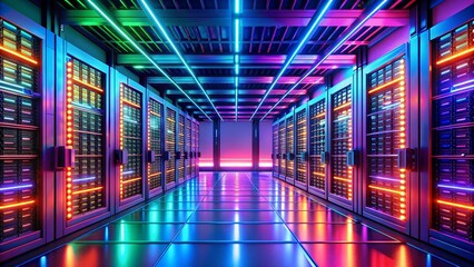 Fototapeta premium Neon Pulse: A Futuristic Data Center bathed in Vibrant Neon Light AI Generated