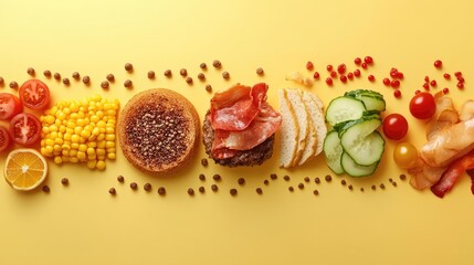 Burger ingredients with a colorful background
