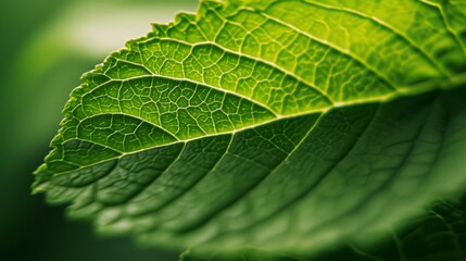 Detailed close-up shot of a green leaf