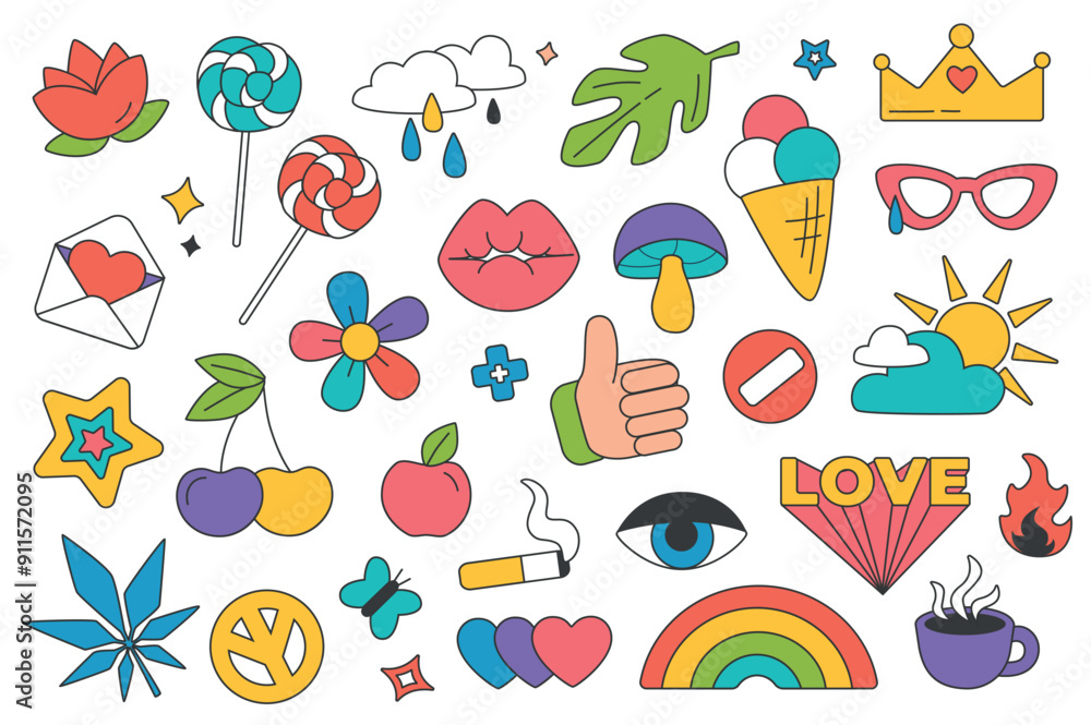 Fototapete retro groovy y2k stickers set elements in flat graphic design. bundle objects of funky signs with fl