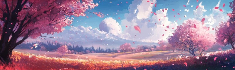 Fototapeta premium Spring's Awakening: A High-Detail Hand-Drawn Illustration of Earth Stirring in a Season of Growth, Embracing the Season's Magic with Buds and Blossoms in Anime Style.