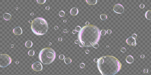 Bubble PNG. Set of realistic soap bubbles. Bubbles are located on a transparent background. Vector flying soap bubbles. Water glass bubble realistic png