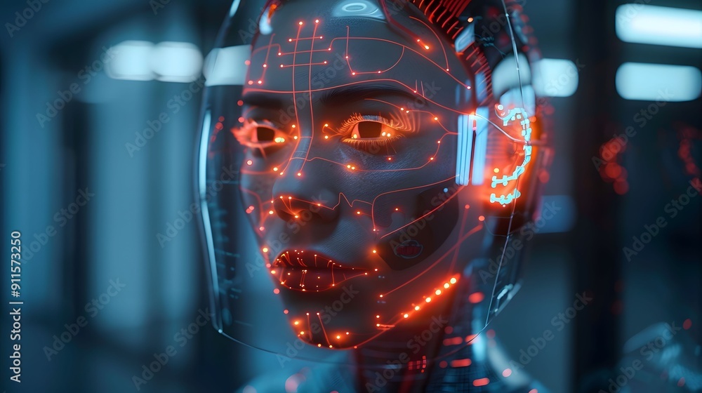 Poster close-up of a futuristic ai humanoid with glowing red circuit patterns on a metallic face, symbolizi
