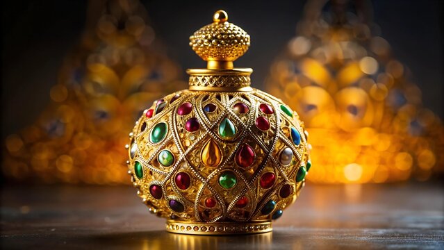 A Symphony of Gold: An Opulent Arabian Perfume Bottle Adorned with Filigree and Gemstones  Generative AI