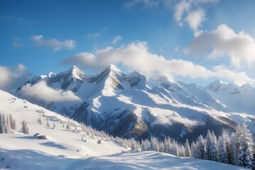 View of a snowy mountain landscape in the sunlight, Damuls Vorarlberg Austria
