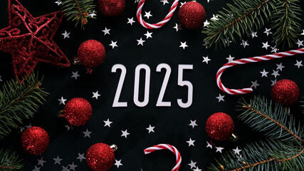 New Year 2025 dark background. Number of the coming year in Christmas decoration.