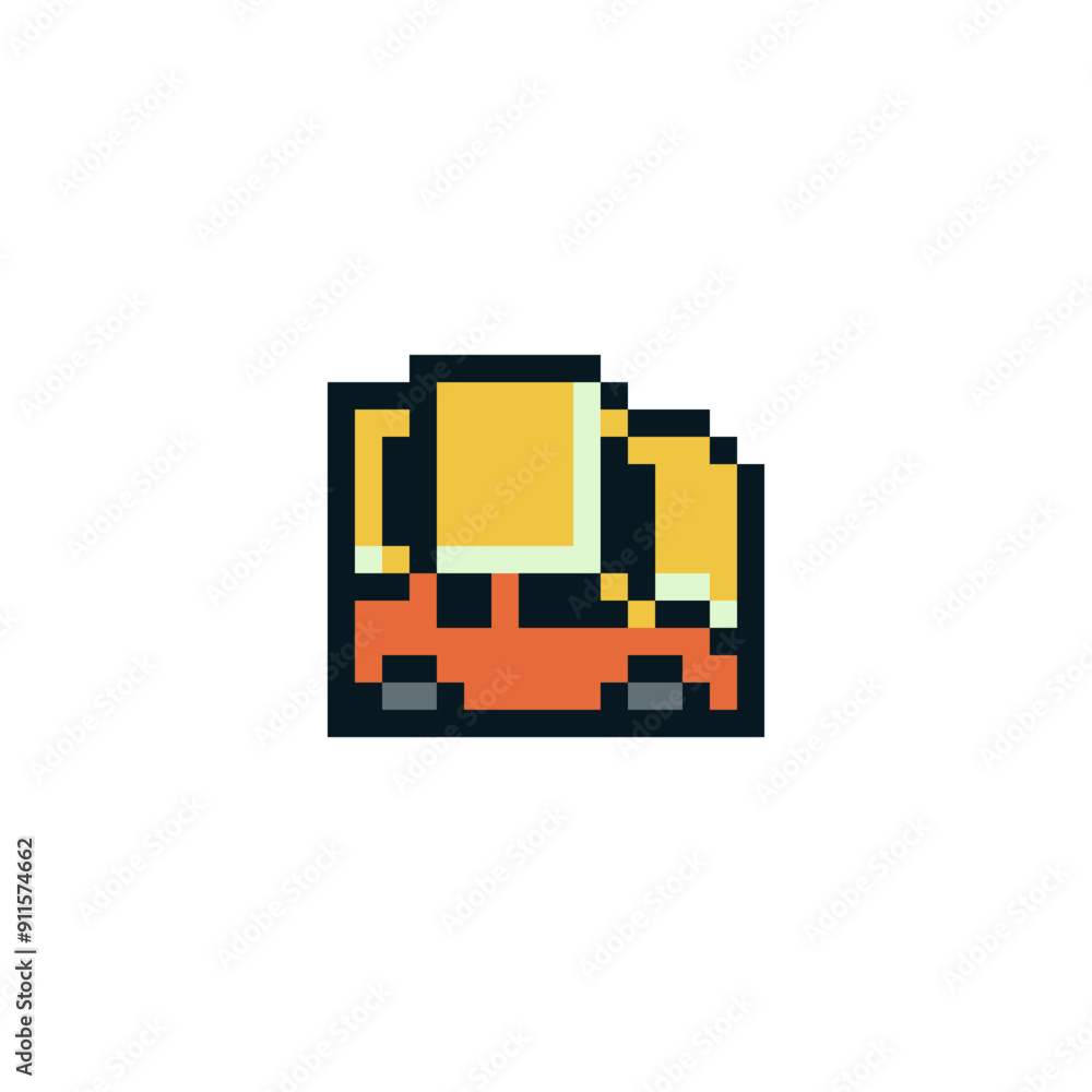 Wall mural Cute car yellow icon. Retro pixel art style. 8-bit. Game assets. Isolated abstract vector illustration.