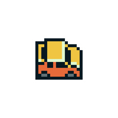 Cute car yellow icon. Retro pixel art style. 8-bit. Game assets. Isolated abstract vector illustration.