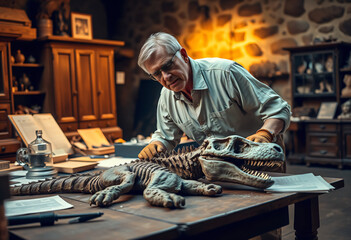 Paleontologist examining dinosaur fossil in museum laboratory