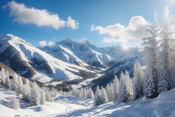 View of a snowy mountain landscape in the sunlight, Damuls Vorarlberg Austria
