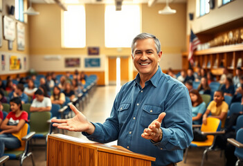 Principal speaking at school auditorium with students