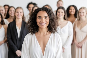 Obraz premium Diverse Group of Happy People with Focus on Smiling Woman in White