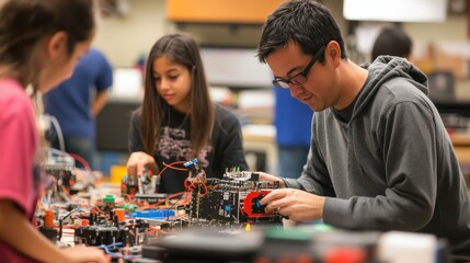Fototapeta premium A high-energy robotics workshop, students assembling and programming robots, various components and tools spread out, mentors assisting and providing guidance, a sense of excitement and discovery,