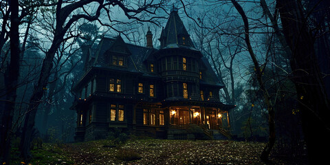 A castle in a misty night forest