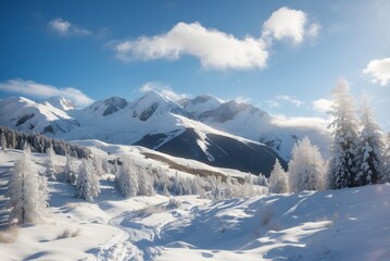 View of a snowy mountain landscape in the sunlight, Damuls Vorarlberg Austria
