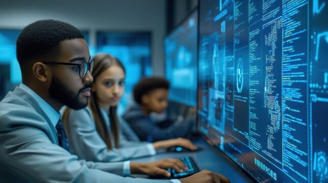 An IT lesson in a high-tech classroom, students working on computers, learning about cybersecurity and coding, a teacher guiding them, interactive digital boards displaying code and diagrams, a - Powered by Adobe