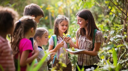 A picturesque scene of elementary school students on a field trip, exploring nature, a teacher explaining various plants and animals, children eagerly listening and taking notes, a bright sunny day,