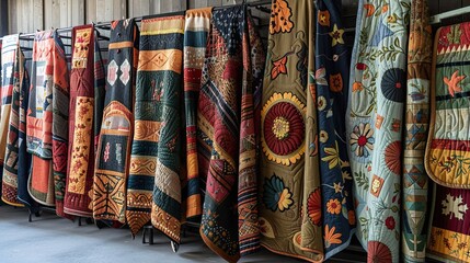 A community quilt display featuring handmade patchwork blankets with Thanksgiving-themed designs and stories. 